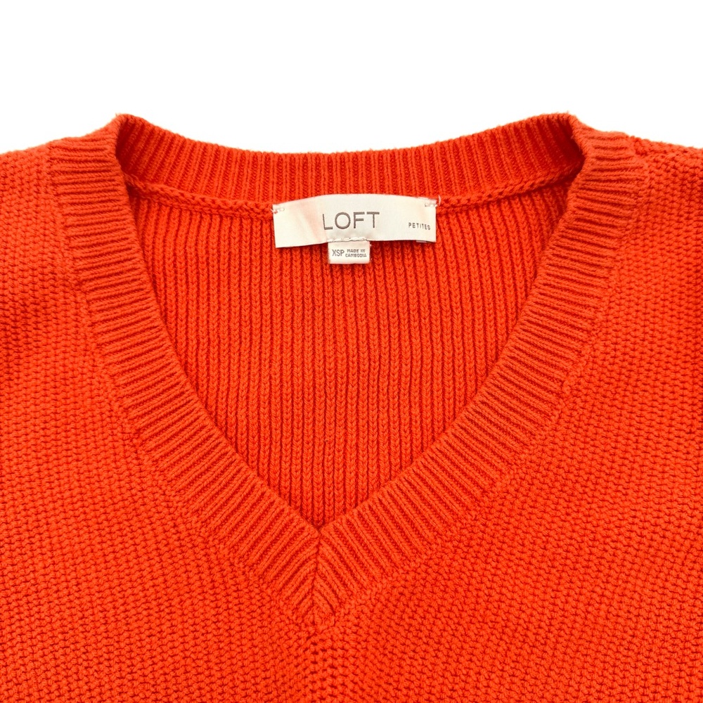 Loft Women's Honeycomb Stitch V-Neck Sweater Size XSP Petite Orange Ribbed Shirt - Picture 5 of 7